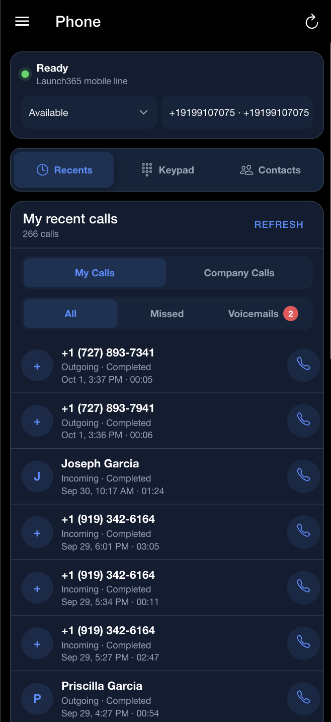 Launch365 mobile Business Phone recents screen