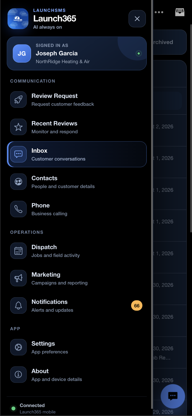 Launch365 mobile app command center navigation