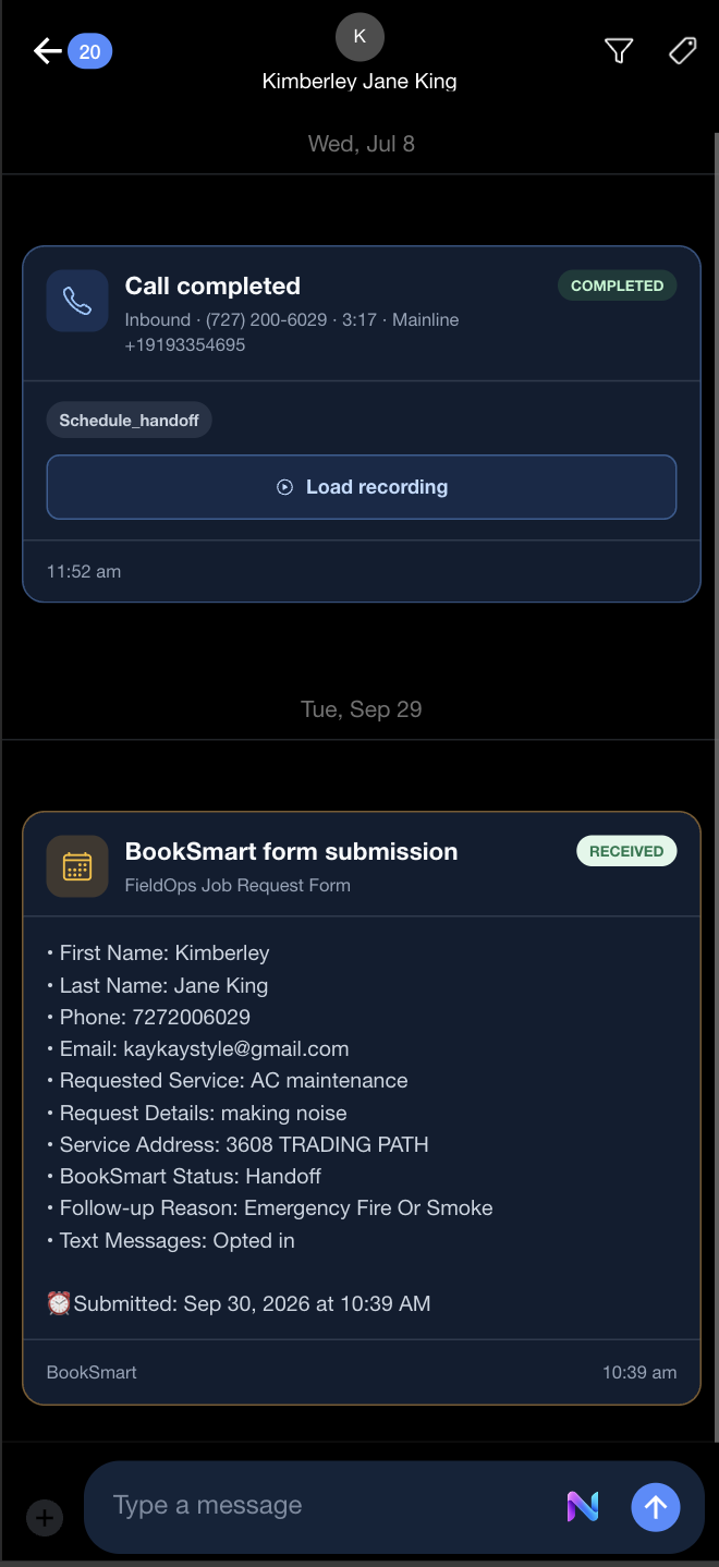 Launch365 mobile customer conversation showing calls and a BookSmart form submission